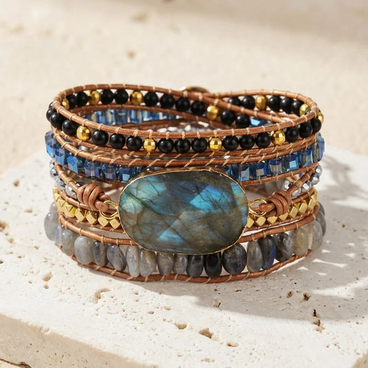 Zonder Grenzen — Obsidiaan & Labradoriet Wikkelarmband