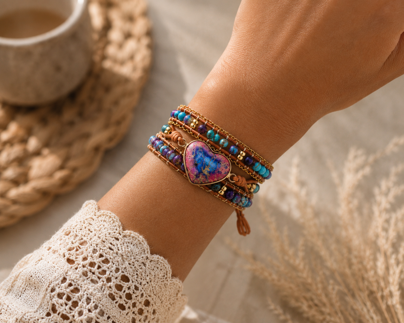 Onverschrokken Hart — Agaat, Bergkristal & Jaspis Leren Armband