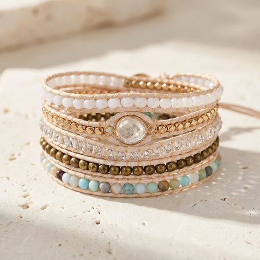 Kristalheldere Geest — Bergkristal, Jade & Amazoniet Wikkelarmband