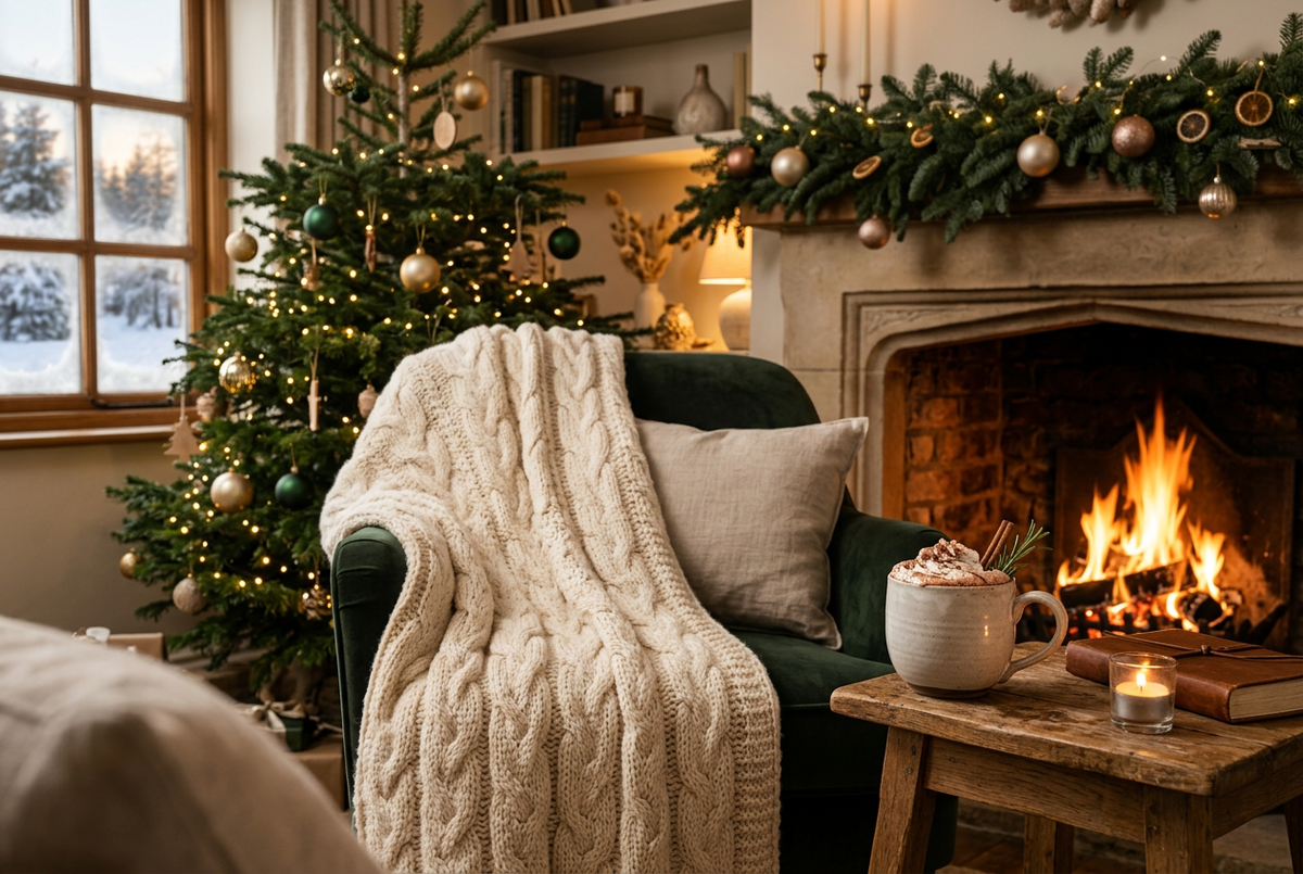 Knusse wintersfeer met winterdeken, chocolademelk, kerstdecoratie en open haard